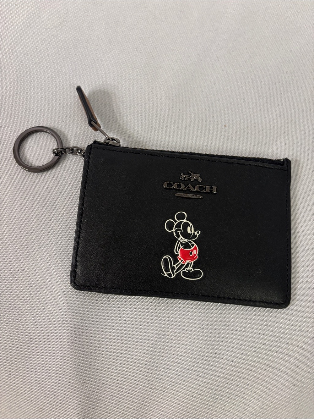 Coach Black Leather Mickey Mouse Zip Card Case with Keyring